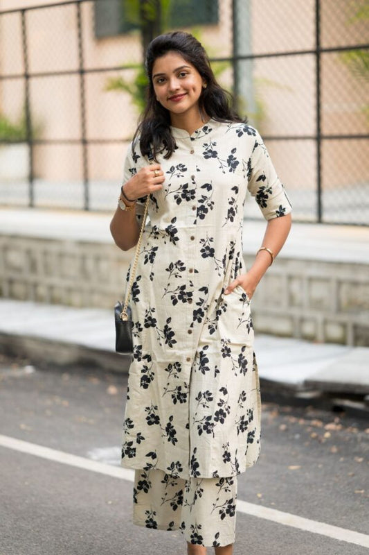 White Cotton A-Line Kurti With Pallazo Set For Women
