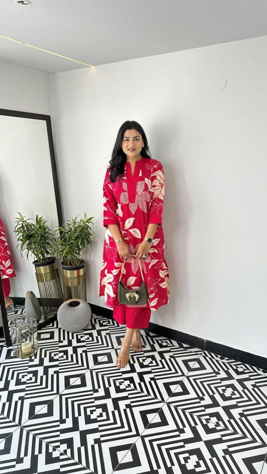 Red Cotton Kurti With Palazzo Set For Women