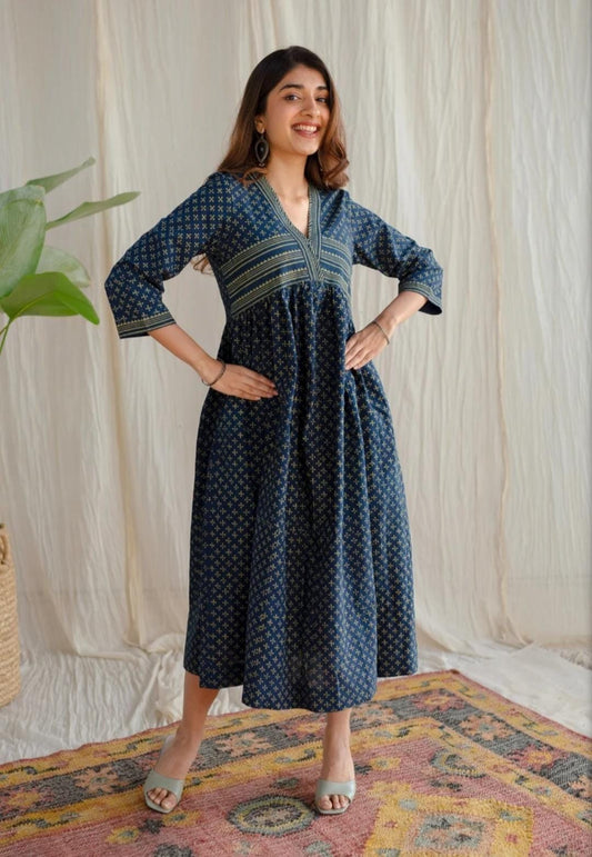 Indigo Ajrakh Cotton Midi Dress